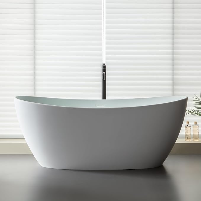 SJ STAR&JANE 65" Solid Surface Freestanding Bathtub Stone Resin Tub Oval Double Slippers Stand Alone Soaking Tub with Pop-up Drain and Overflow, Matte White