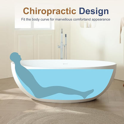 SJ STAR&JANE 67" x 39" Matte White Solid Surface Freestanding Bathtub, Oval Soaking Extra Wide Tub with Overflow and Pop-up Drain for Bathroom