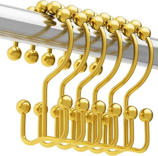 Titanker Shower Curtain Hooks Rings Gold, Metal Double Glide Shower Hooks Rings for Bathroom Shower Rods Curtains, Set of 12 Hooks - Dark Gold