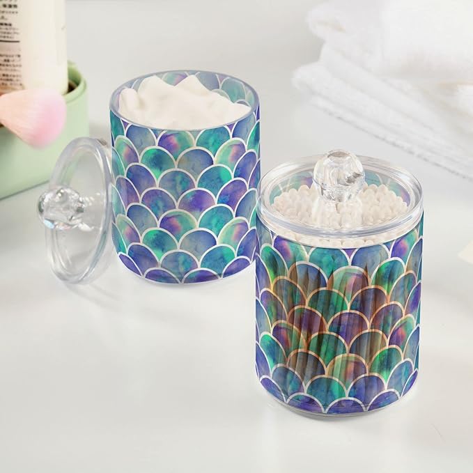 MNSRUU 2 Pack Qtip Holder Organizer Dispenser Watercolor Rainbow Scales Of Mermaid Bathroom Storage Canister Cotton Ball Holder Bathroom Containers for Cotton Swabs/Pads/Floss