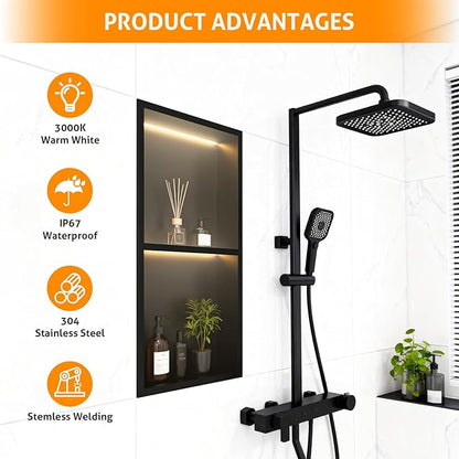 WICHEMI Stainless Steel Shower Niche 12" X 24", No Tile Needed Wall Niche with LED Light, Recessed Shower Shelf for Bathroom Storage Over Mount Installation, Matte Black