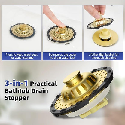 Metal 2 Pack Bathtub Drain Stopper with Top Hair Catcher, 3 in 1 Pop-up Bathtub Strainer, Tub Stopper with Detachable Stainless Steel Filter Basket for Standard 1.5 to 2.4'' Drain, Brushed Gold