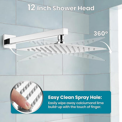 gotonovo Shower System with Tub Spout Wall Mounted Rain Shower Head and Handle Combo Shower Faucet Set with Valve, 12 Inch, Polish Chrome