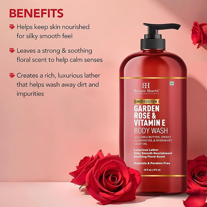 Botanic Hearth Garden Rose & Vitamin E Body Wash – Limited Edition Hydrating Shower Gel with Shea Butter & Sweet Almond Oil, Luxurious Lather, Sulfate & Paraben Free – 16 fl oz