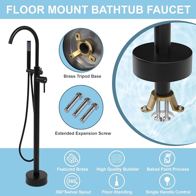 Freestanding Bathtub Faucet, Floor Mount Bathtub Faucet with 2 Water Outlet Modes, Swivel Gooseneck Spout with Hand Shower, Brass Single Handle Tub filler, Max Flow Rate 7.4 GPM, Matte Black