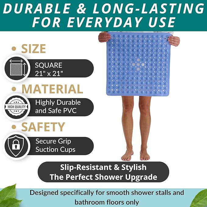 ENKOSI Square Shower Mat – 21 x 21 Inch Non-Slip Bathroom Shower Stall Mat with Suction Cups and Drain Holes – Anti-Slip Bathtub Shower Mats for Inside Shower (21x21 Aqua Blue)