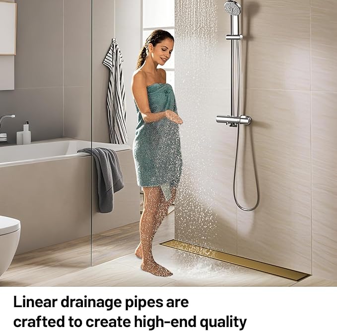 Linear Shower Drain, 304 Stainless Steel with Adjustable Leveling Feet, Hair Strainer,Reversely Install Place to Create an Invisible Floor Drain - Gold -24-Inch