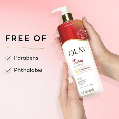 Olay Body Lotion for Women, Age Defying with Niacinamide Serum, Visibly Reduce Signs of Skin Aging, 24hr Moisture & Hydration, Fast Absorbing Formula, Vitamin B3 Complex, For All Skin Types, 17 fl oz
