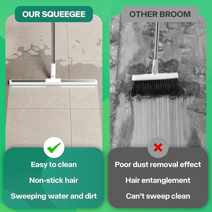 Floor Squeegee with 180° Rotating Head, Squeegee for Floor with 62" Long Handle, Silicone Broom for Window Cleaning, Bathroom Tile, Garage Concrete, Deck, Shower Glass, Pet Hair, Water