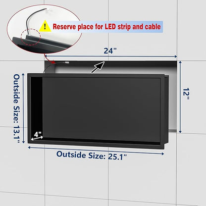 RGB LED Light Shower Niche, Matte Black 24X12 in Stainless Steel Recessed Storage with Remote Control, Waterproof No Tile Needed Wall Niche for Bathroom Storage Built-in Installation