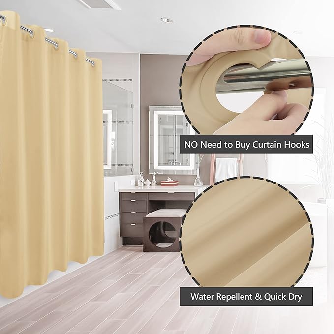 Fabric Shower Curtain No Hooks & Liner Needed - Soft Waterproof Hotel Cloth Shower Curtain Washable with Hooks Built-in, Beige, 71x74 Standard Size