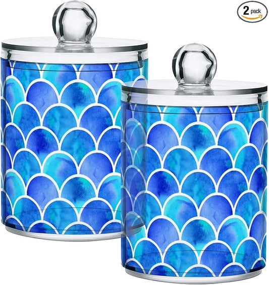 MNSRUU 2 Pack Qtip Holder Organizer Dispenser Blue Scales Of Mermaid Bathroom Storage Canister Cotton Ball Holder Bathroom Containers for Cotton Swabs/Pads/Floss