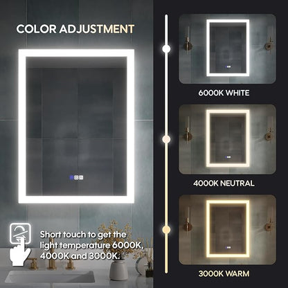 WELLFOR 24 x 32 Inch LED Medicine Cabinet with Lights, 3X Magnification Makeup Mirror, Bathroom Vanity Mirror Cabinet with Storage, Anti Fog, Surface or Recess Mount, Left Opening Door