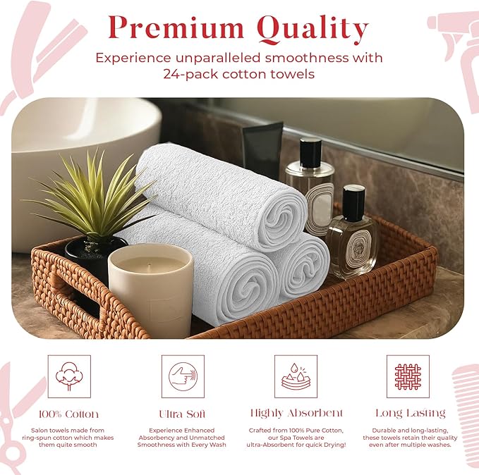 RIVERSIDE Pack of 24 Salon Towels Set – 16 x 26 Inches, 100% Ring Spun Cotton Highly Absorbent and Quick Dry Towels for Salon, Hand, Barber, Gym, Home & Hair Care, White