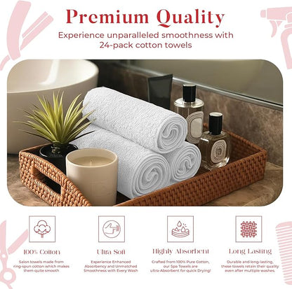 RIVERSIDE Pack of 24 Salon Towels Set – 16 x 26 Inches, 100% Ring Spun Cotton Highly Absorbent and Quick Dry Towels for Salon, Hand, Barber, Gym, Home & Hair Care, White