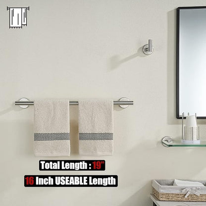 JQK Towel Bar Brushed Steel, 19 Inch 304 Stainless Steel Thicken 0.8mm Towel Rack Bathroom, Towel Holder Wall Mount, Useable Length 16 Inch TB110L16-BN