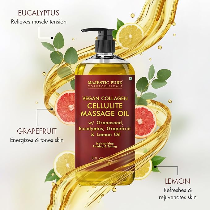 Majestic Pure Firming Body Massage Oil with Collagen – Helps Smooth The Appearance of Cellulite & Improve Skin Texture – Refreshing Aromatherapy Body Oil for Legs & Full Body – 8 Fl Oz