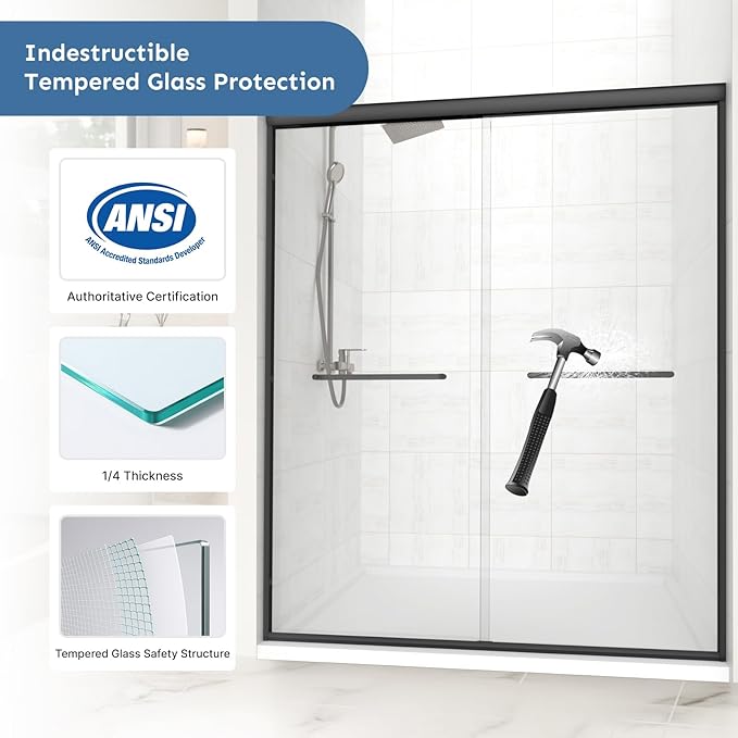 60" x 72" Frameless Sliding Shower Door, 6mm (1/4") Tempered Glass, Heavy-Duty 304 Stainless Steel Rollers & Handle, Adjustable 56-60" Width, No-Leak F-Type + Bubble Seals