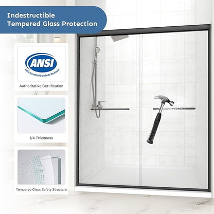 60" x 72" Frameless Sliding Shower Door, 6mm (1/4") Tempered Glass, Heavy-Duty 304 Stainless Steel Rollers & Handle, Adjustable 56-60" Width, No-Leak F-Type + Bubble Seals