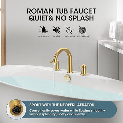 High Flow Roman Tub Faucet with Valve, Widespread Solid Brass 3 Hole Bathtub Faucet, 2 Handle Deck Mount Bath Tub Filler with Supply Water Hoses, Brushed Gold