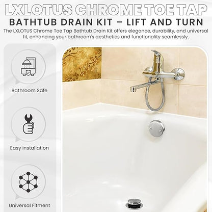Chrome Toe Tap Bathtub Trim Set with Two-Hole Overflow Faceplate, Replacement Polished Tub Drain Kit with 2-Hole Overflow Cover and Universal Fine/Coarse Thread, Fits 1-3/8" and 1-1/2"