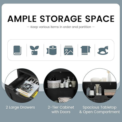 COSTWAY Bathroom Storage Cabinet, Freestanding Storage Organizer with 2 Drawers & Adjustable Shelf, Wooden Floor Cabinet for Living Room, Bedroom, Kitchen, Entryway (Black)