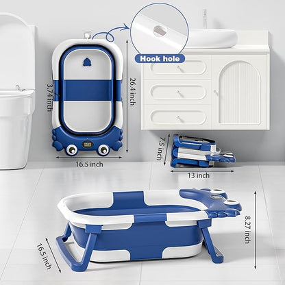 Collapsible Baby Bathtub for Newborns with Thermometer and Soft Floating Cushion Portable and Foldable Travel Baby Boy Bath Tub for Infants to Toddler 0-36 Month (Navyblue)