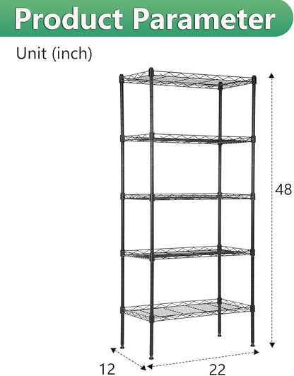 BestOffice | 5-Tier Wire Storage Shelves | 22x12x48 | Black | with Adjustable Racks | Heavy-Duty Metal Shelf, Holds Upto 750 lbs | No-Tool Assembly | Ideal for Home & Garage Shelving