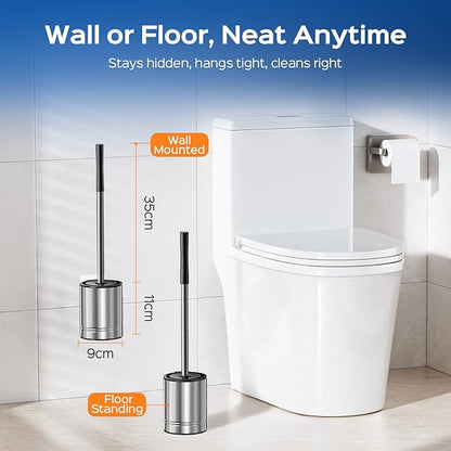 HAMITOR Toilet Bowl Brush Set: Stainless Steel Rustproof Bathroom Cleaning Accessories with Hidden Holder for Homemakers - Wall-Mounted Compact Toilet Scrubber Cleaner Kits for New Home & RV Silver