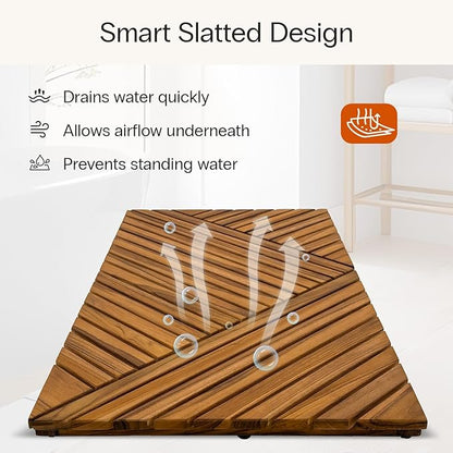 StrongTek Large Teak Bath Mat for Bathroom, 35.4" x 20" Solid Wood Shower Mat, Hand-Oiled Finish, Non-Slip Rubber Feet, Water-Resistant & Quick-Draining, Ideal for Indoor & Outdoor Use