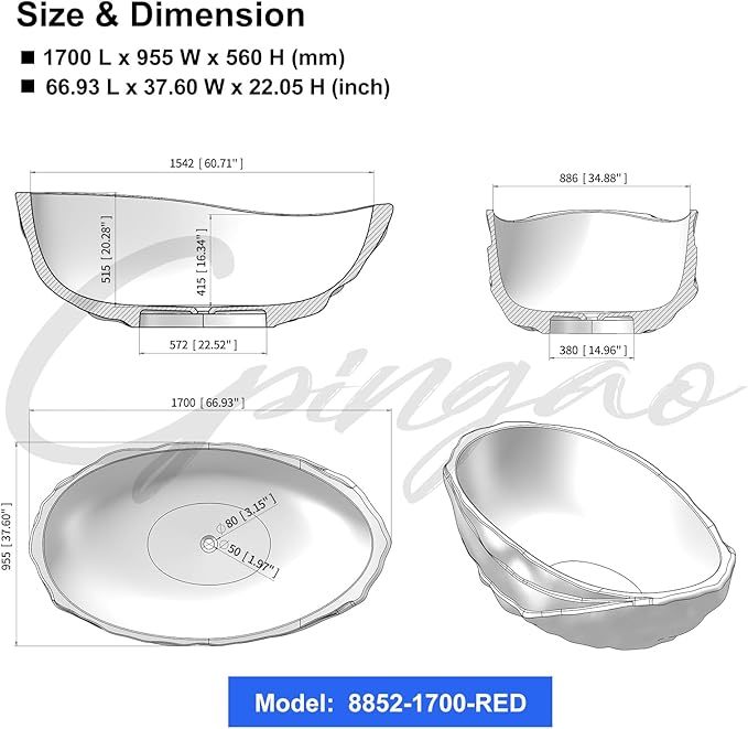 Cpingao 67" Resin Translucent Freestanding Bathtub, Modern Oval Stand Alone Tubs, Contemporary Transparent Resin Freestanding Bath 1700 MM with Drain Fiery Red 8852-1700-RED