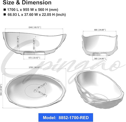 Cpingao 67" Resin Translucent Freestanding Bathtub, Modern Oval Stand Alone Tubs, Contemporary Transparent Resin Freestanding Bath 1700 MM with Drain Fiery Red 8852-1700-RED