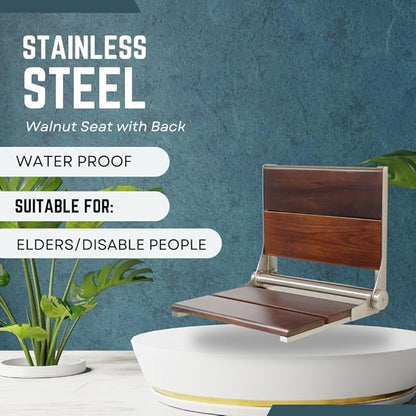 Folding Shower Seat Wall Mounted with Back | 500 lbs Maximum Load Capacity | ADA Compliant Safety Assist Teak Shower Seat for Seniors, Handicapped, and Children | 304 Stainless Steel Frame | 18” x 16”