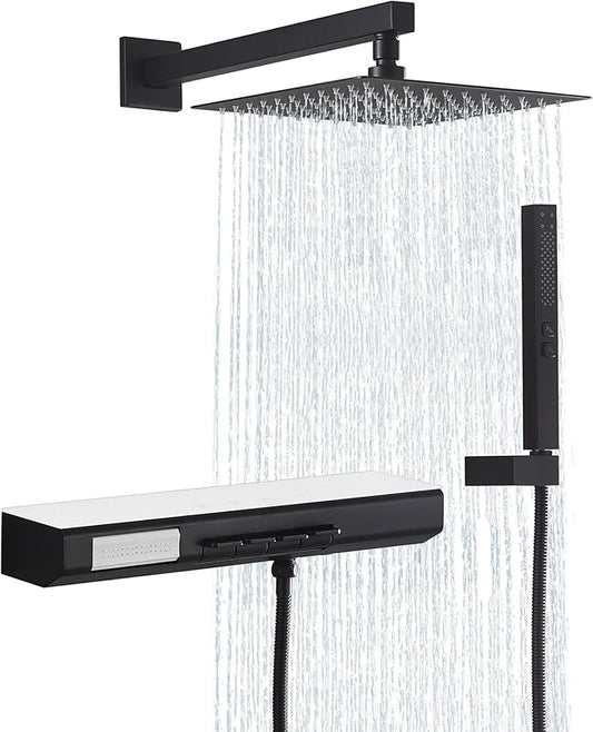 Matte Black Rain Shower System Combo: 10" Wall-Mounted Shower Fixtures with 2-in-1 Handheld Spray, Shower Valve with Body Jets, and Waterfall Spout Shower Faucet Set