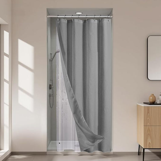 River Dream 3 in 1 Shower Curtain Set, Stall Waffle Fabric Shower Curtain and Waterproof Clear Liner Set with Double Sided Metal Hooks, Grey, 36" W*72" H