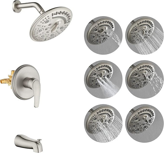 SHAMANDA Shower Tub Faucet Set with Rough-in Valve and Trim Kit, Shower System with Waterfall Diverter Tub Spout, Single Handle 8 Inch 6-Spray Rain Shower Head Combo Set, Brushed Nickel, L818-2