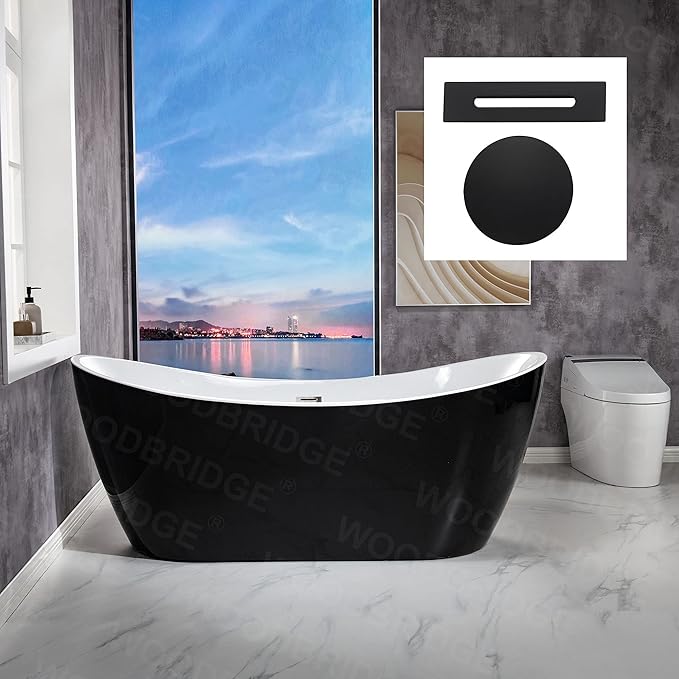 WOODBRIDGE 71" Acrylic Freestanding Bathtub Contemporary Soaking Black Tub with Matte Black Overflow and Drain,Black,B1817-MB
