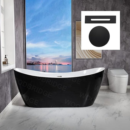 WOODBRIDGE 71" Acrylic Freestanding Bathtub Contemporary Soaking Black Tub with Matte Black Overflow and Drain,Black,B1817-MB