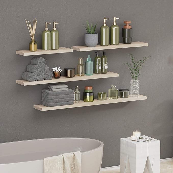 SAUMONIERES Floating Shelves 8 Inch Deep Solid Wood Wide Wall Shelf Set of 2 Wall Mounted for Bedroom Bathroom Living Room Kitchen, 24 Inch Natural