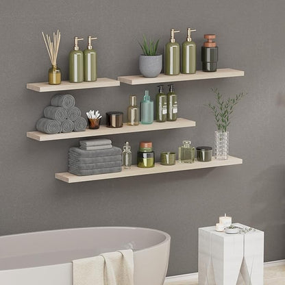 SAUMONIERES Floating Shelves 8 Inch Deep Solid Wood Wide Wall Shelf Set of 2 Wall Mounted for Bedroom Bathroom Living Room Kitchen, 24 Inch Natural