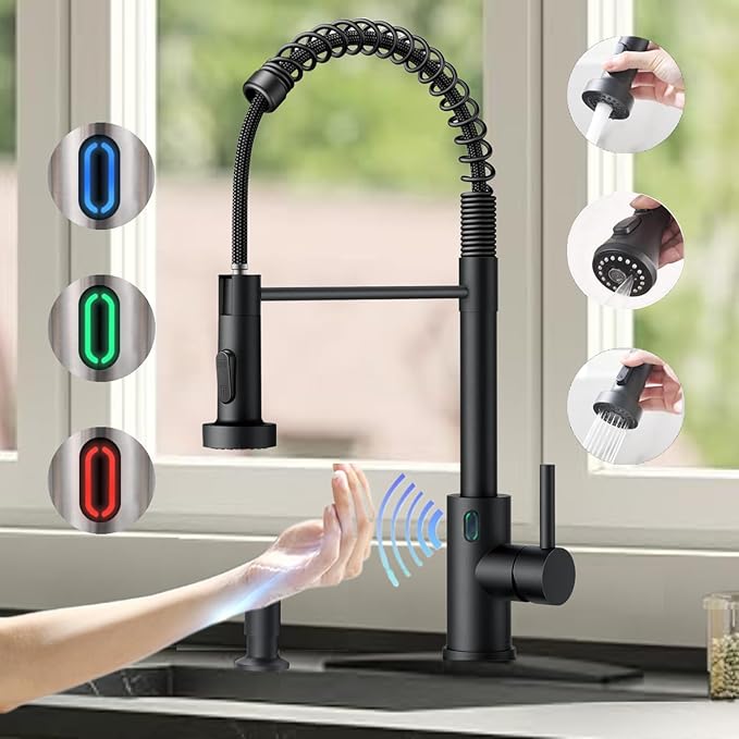 Touch-Less Kitchen Faucet, 3 Modes Pull Down Sprayer, LED Temperature Control,Motion Sensor Activated,Ceramic Valve,360-Degree Rotation,1 or 3 Hole Deck Plate. 10-Year Warranty. (KW-79RR, Black)