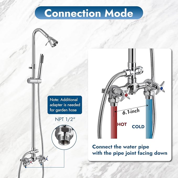 Polish Chrome Wall Mount Outdoor Shower Kit with Hand Held Sprayer Double Cross Handles with Adjustable Slide Bar Dual Function Exposed Shower Faucet System