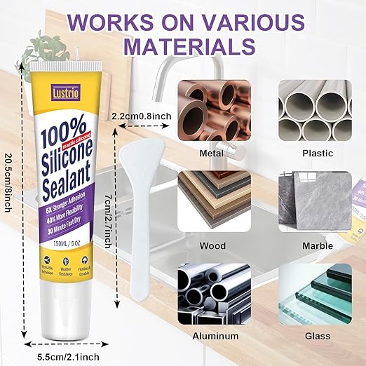 High-Strength Silicone Sealant & Adhesive - 100% Waterproof, Flexible Caulk for Kitchen, Bathroom, Shower, Window, Auto - Creates Durable, Shrink & Crack Resistant Seal 5 Oz. Tube. (White)