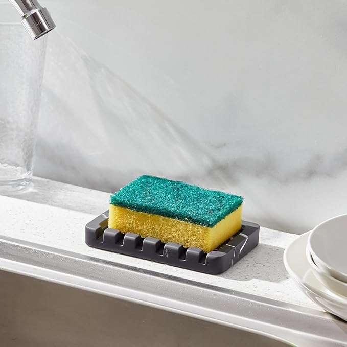 2PCS Self Draining Soap Dish - Marble Look Soap Holder Tray Savers Box Container Sponge Holder for Bathroom Shower Kitchen, Black