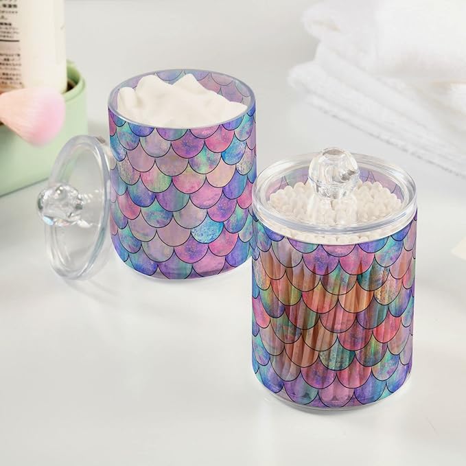 MNSRUU 4 Pack Qtip Holder Organizer Dispenser Colorful Mermaid Scales Bathroom Containers Bathroom Vanity Storage Canister Apothecary Jars for Cotton Swabs/Pads/Floss