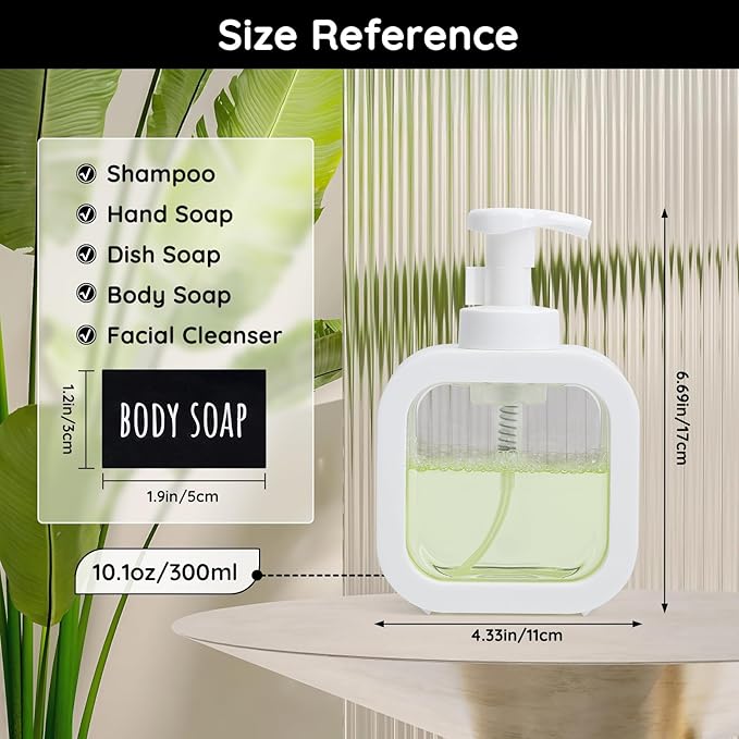 Segbeauty 10.1oz Foam Dish Soap Dispenser for Kitchen Sink, 300ml Square Foaming Pump Bottles for Bathroom Shower Shampoo, 2pcs White Empty Plastic Foam Hand Wash Dispenser Bottles with Label Stickers