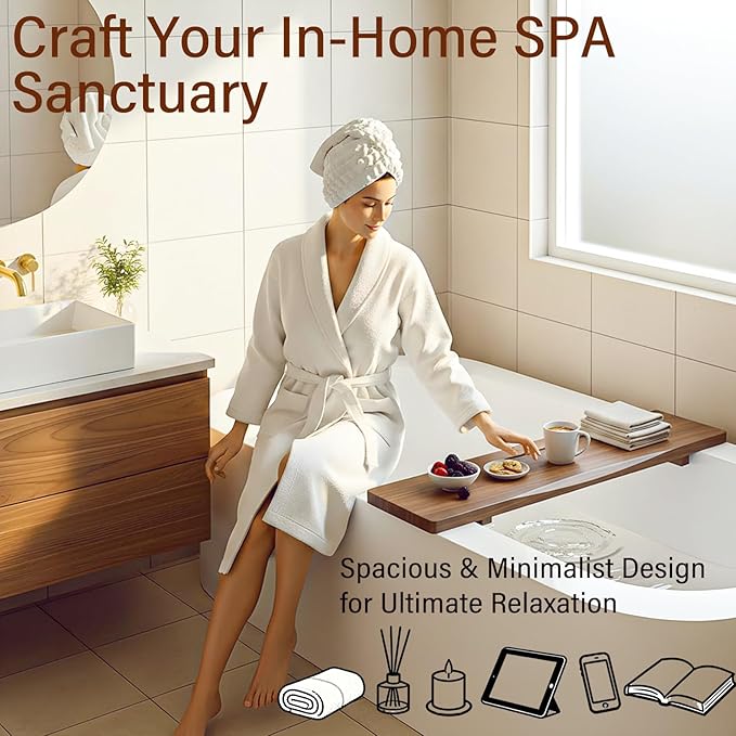 Acacia Wood Bathtub Tray Caddy for Freestanding Tub, 35 Inch Adjustable Bath Tray for Tub, Luxury Spa Bathroom Tray Organizer Table, Bath Tub Accessories for Women, Housewarming, Birthday Gifts