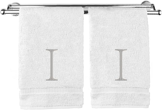 Monogrammed Hand Towel, Personalized Initial Gift, Extra Absorbent 100% Turkish Cotton - Soft Terry Finish - Set of 2 - Silver Block Initial I - Embroidered on White Towels