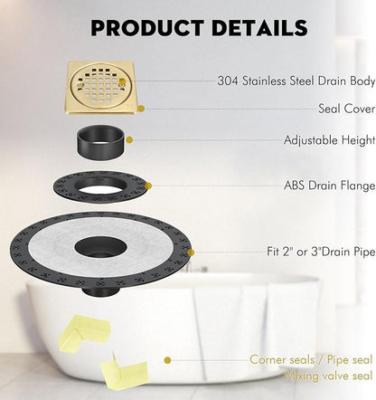 4” Drain Grate Kit - Compatible with Schluter Systems Kerdi Shower Drain - Shower Floor Drain Kit with Flange - SUS 304 Stainless Steel Grate & 2 Inch ABS Flange & CUPC Certification - Brushed Brass
