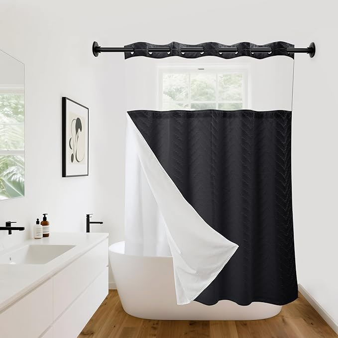 Hookless Shower Curtain with Snap in Liner 71" x 74" Double-Layer Waterproof Polyester Shower Curtain for Bathroom or Hotel Use,Removable Liner,Magnetic Hem,Large Rings,Machine Washable,Black